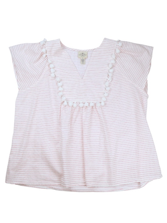 St. John's Bay Tops - St John’s Bay White Red Stripe Pom Trim Blouse XL Coastal Boho